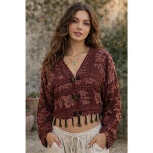 Laise Adzer Cropped Tapestry Jacket Maroon Cotton Fringe Coin Boho S/M Gypsy 80s